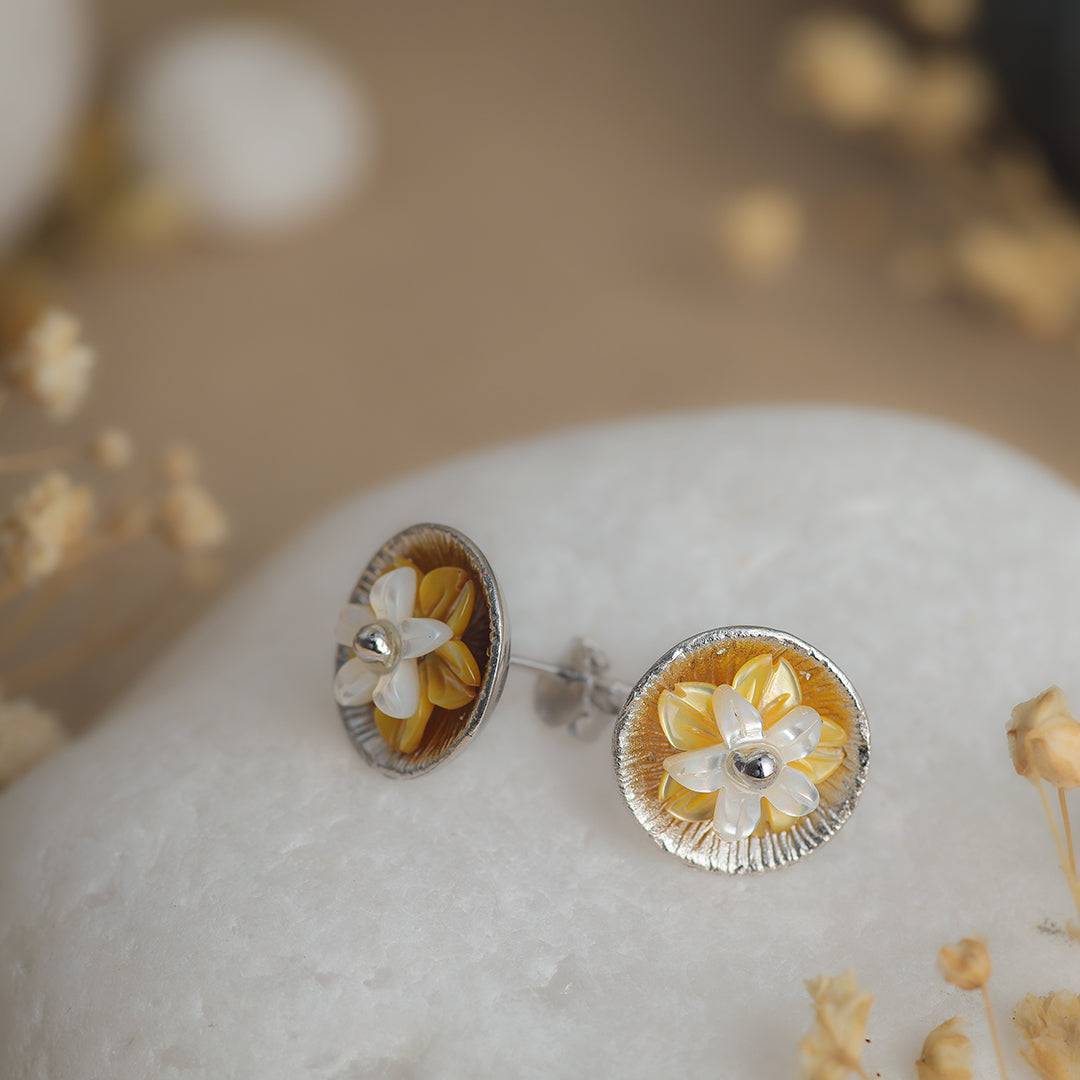 Amber Blossom Silver Stud Earrings