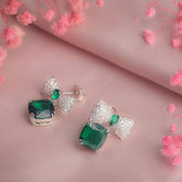 Emerald Elegance Bows Silver Earrings