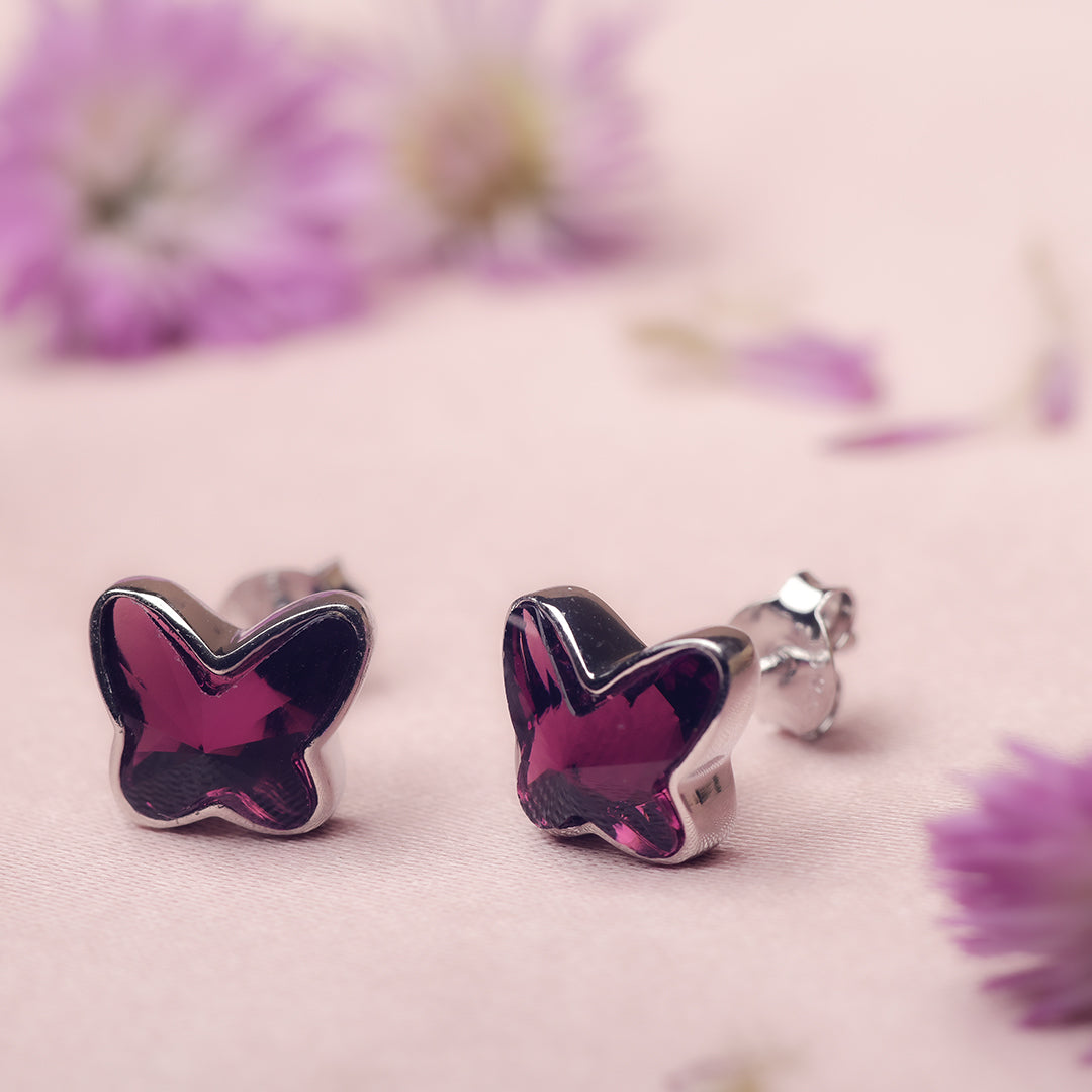 Silver Dark Pink Butterfly Swarovski Earrings Amishka Jewels