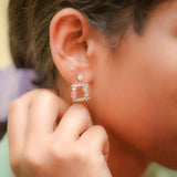 Silver Pink Square Floral Earrings Amishka Jewels