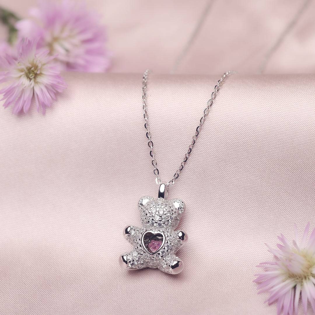 Silver Teddy Love Pendant and Chain Amishka Jewels