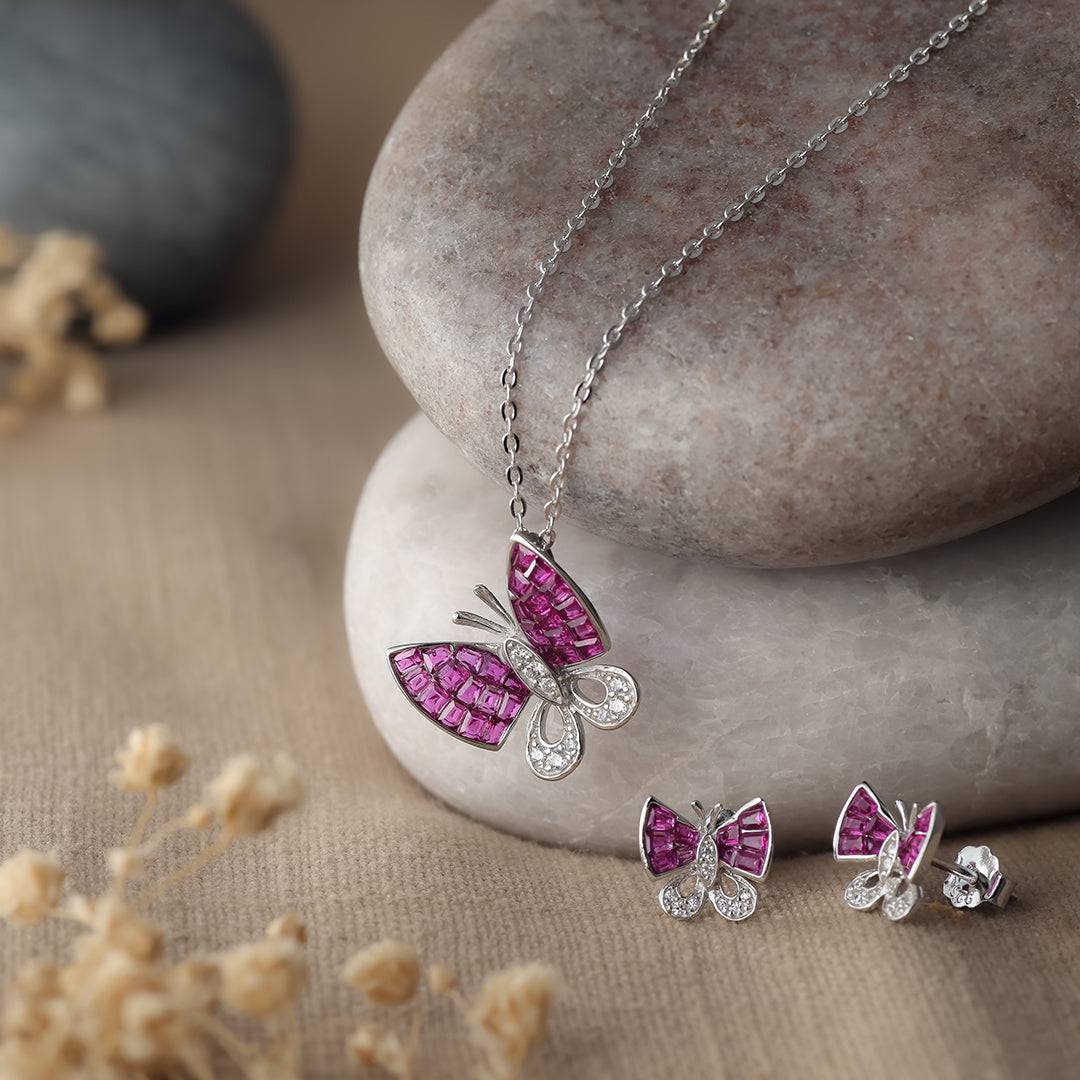 Butterfly Amour Silver Baguette Necklace & Earrings Set