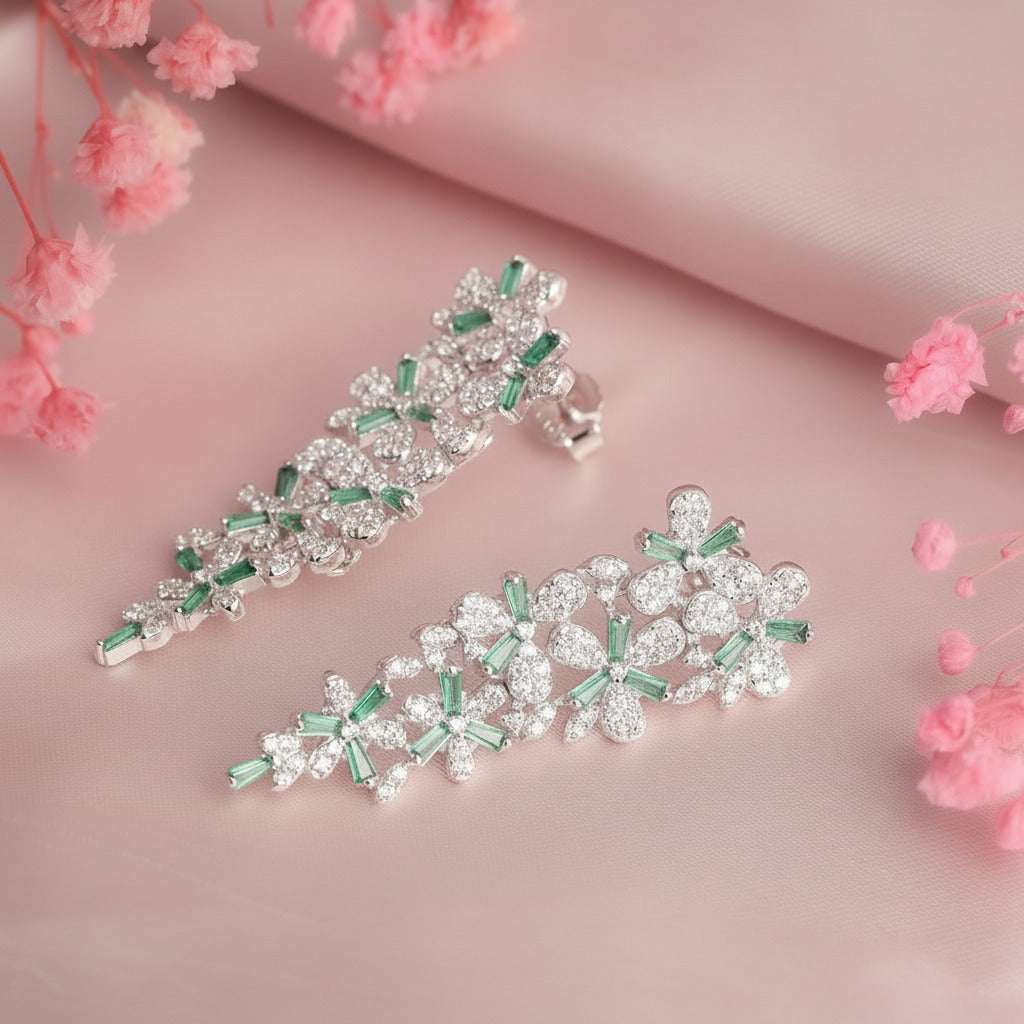 Emerald Blossom Cascade Silver Earrings