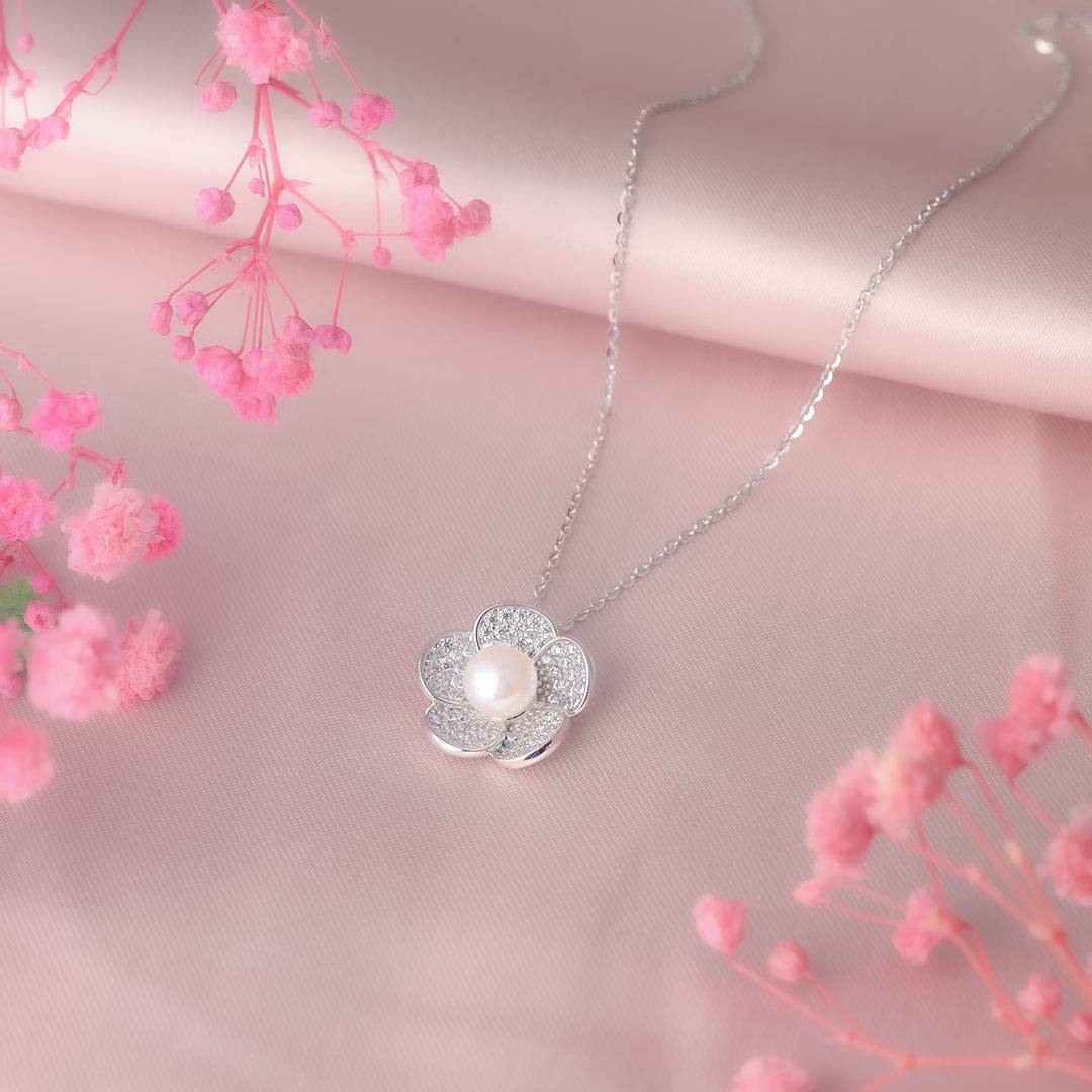 Pearl in Dewdrops Bloom Silver Necklace Amishka Jewels
