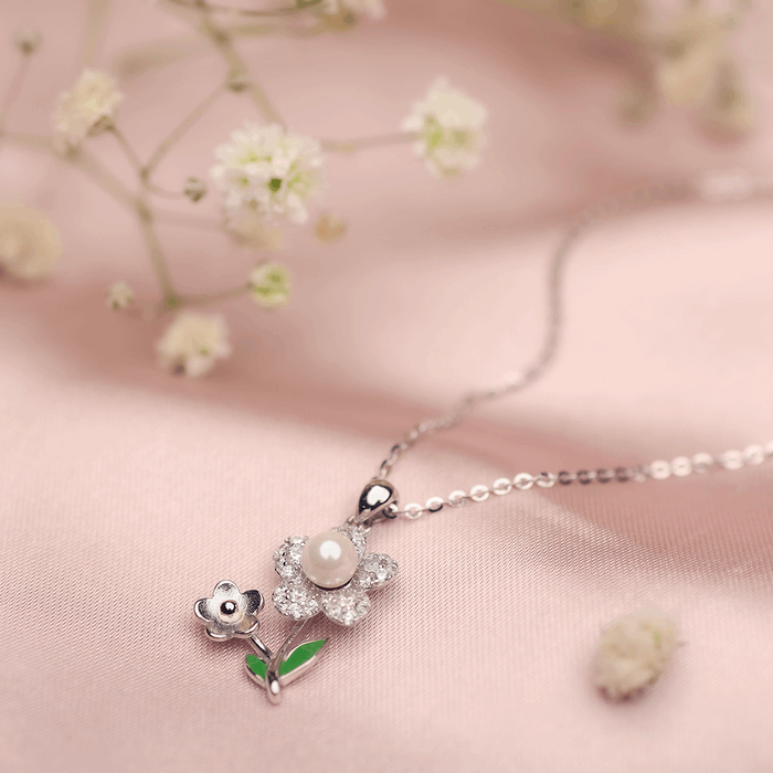 Silver Flower Dewdrop Pendant and Chain Amishka Jewels