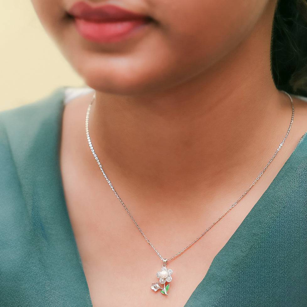 Silver Flower Dewdrop Pendant and Chain Amishka Jewels