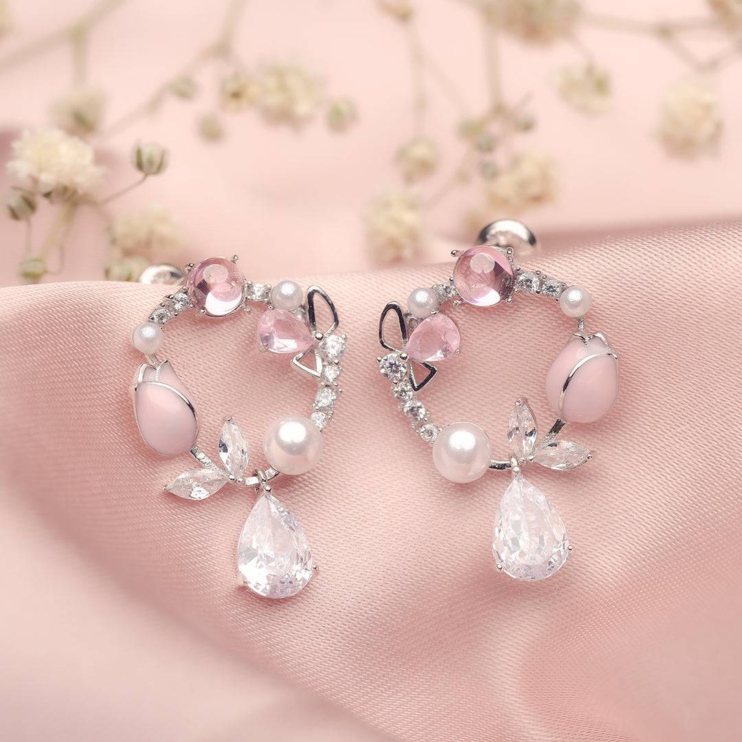 Silver Pink Rosebuds Earrings Amishka Jewels