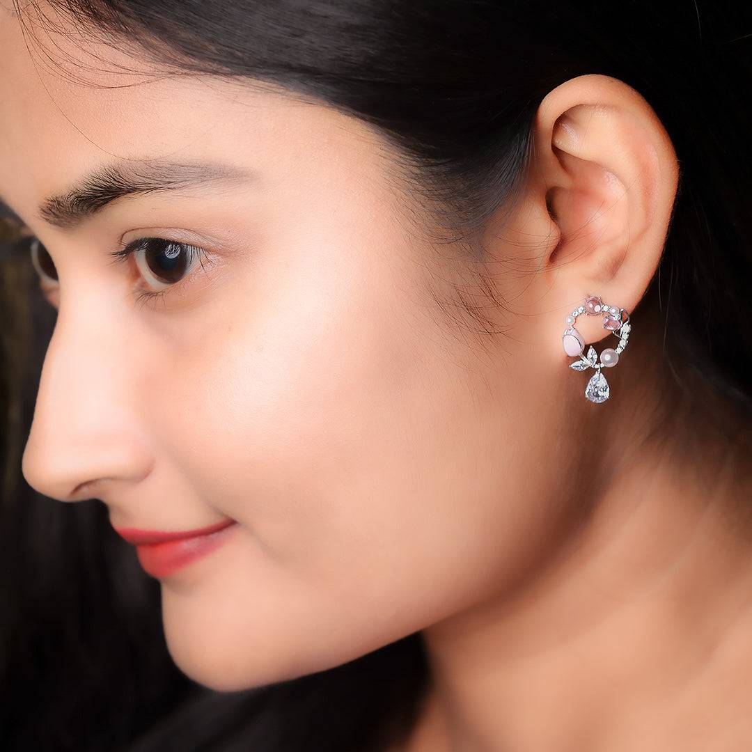 Silver Pink Rosebuds Earrings Amishka Jewels