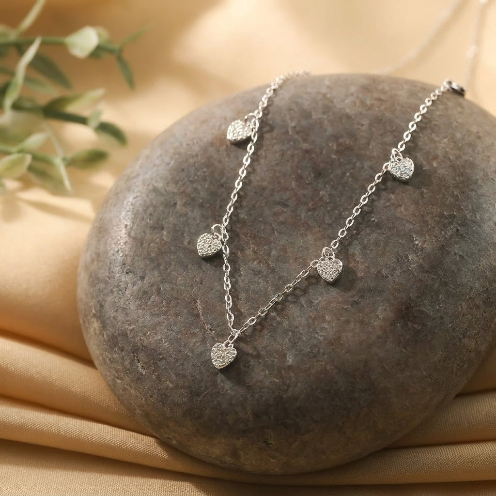 Women’s 925 Sterling Silver Heart Necklace – Sparkle Mini Hearts Charm Chain