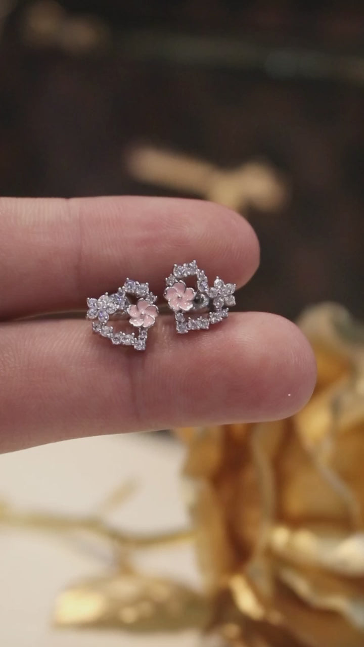 Silver Flower Heart Earrings